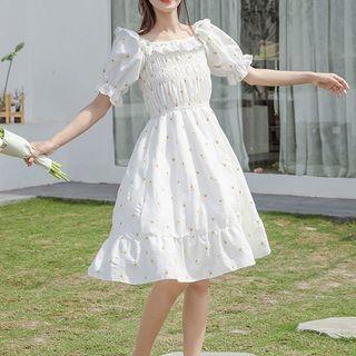 Puff-sleeve Ruffle Trim Ruched Floral Print A-line Dress