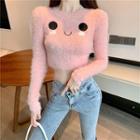Smiley-face Furry-knit Cropped Sweater