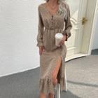 Dot Print V-neck Long-sleeve Midi A-line Dress