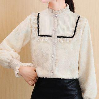 Ruffle Trim Mock Neck Button-detail Blouse