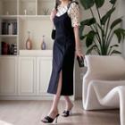 Inset Dotted Blouse Adjustable-strap Long Slipdress Black - One Size