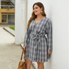 Plus Size Long-sleeve Plaid Tie-front A-line Dress
