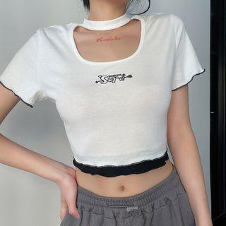 Short Sleeve Contrast-trim Lettering Crop Top