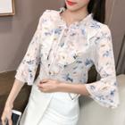 Bell-sleeve Tie-neck Floral Print Chiffon Blouse