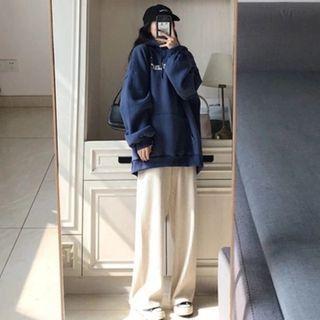 Lettering Hoodie / Plain Wide-leg Pants / Set