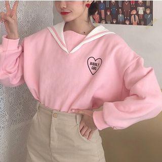 Heart Embroidered Sailor Collar Sweatshirt Peach Pink - One Size