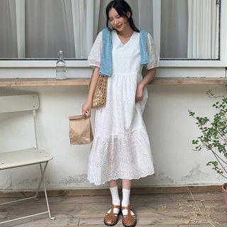 Eyelet-lace Long Tiered Dress One Size