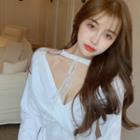 Lace V-neck Long-sleeve Slim-fit Halter Top