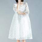 Set: 3/4-sleeve Embroidered Midi Mesh Dress + Spaghetti Strap Dress White - One Size