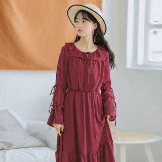 Long-sleeve Ruffle-trim Midi A-line Dress