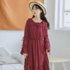 Long-sleeve Ruffle-trim Midi A-line Dress