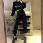 Set: Puff Sleeve Lettering Cropped Top + Drawstring Jogger Pants