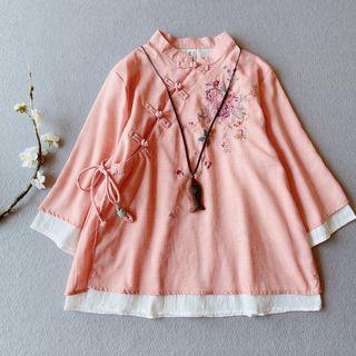 3/4-sleeve Embroidered Frog-button Blouse