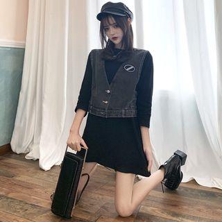 Washed Denim Vest / Elbow-sleeved T-shirt Dress