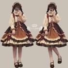 Contrast Trim Midi Pinafore Dress / Lantern-sleeve Blouse / Set