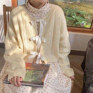 Ribbon-tie Pointelle Cardigan Yellow - One Size
