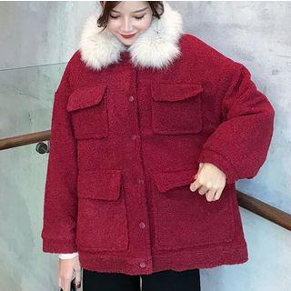 Faux Fur Trim Snap-buttoned Coat / Knit Harem Pants
