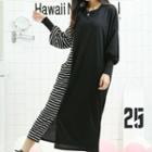 Long-sleeve Slit-front Stripe-panel Midi Dress