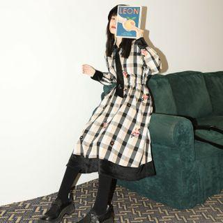 Plaid Long-sleeve Midi Collared A-line Dress