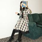 Plaid Long-sleeve Midi Collared A-line Dress