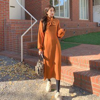 Balloon-sleeve Knit Dress With Scarf