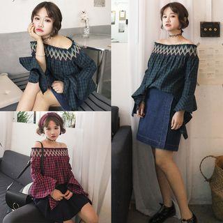 Off-shoulder Patterned Bell-sleeve Top
