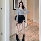 Long-sleeve Lace-up Crop Top / Mini Fitted Skirt