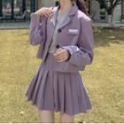 Set: Long Sleeve Padded-shoulder Cropped Blazer + Pleated Mini Skirt