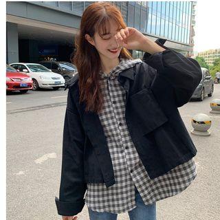 Mock Two-piece Hooded Plaid Shirt