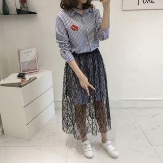 Set: Striped Long Shirt + Lace Midi Skirt