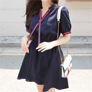 Open-placket Contrast-trim A-line Dress