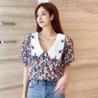 Floral Print Collared Short-sleeve Blouse