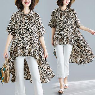 Leopard Print Elbow-sleeve Zip Back Blouse Leopard - Coffee - One Size