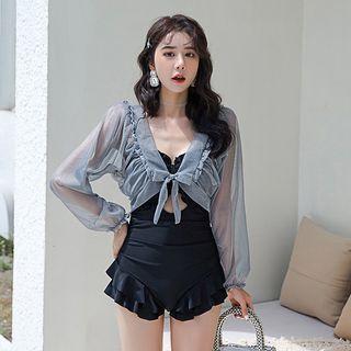 Set: Open-back Frill Trim Swimsuit + Long-sleeve Mesh Top