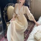 Long-sleeve V-neck Midi A-line Dress Champagne - One Size