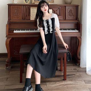 Short-sleeve Ruffle Bow Detail Midi A-line Dress