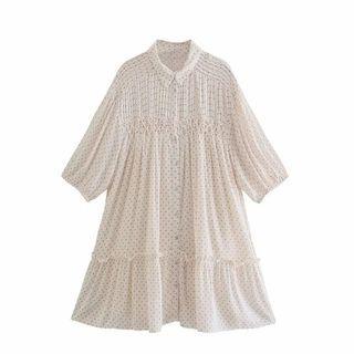 Puff-sleeve Ruffled Dotted A-line Dress
