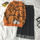 Bear Print Sweater / Cropped Wide-leg Jeans
