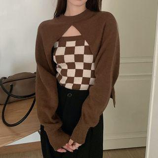 Set Of 2: Long-sleeve Round Neck Plain Shrug & Plaid Camisole Knit Top