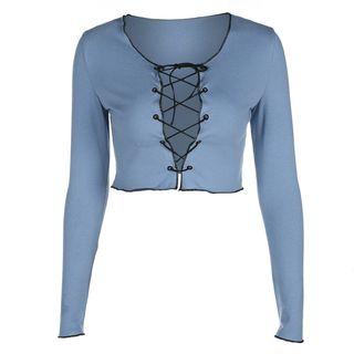 Long-sleeve Contrast Trim Lace-up T-shirt