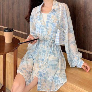 Long-sleeve Print Shirt / Shorts / Plain Spaghetti Strap Top