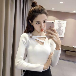 Strap Detail V-neck Long-sleeve Knit Top