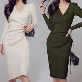 Long-sleeve Knit Drawcord V-neck Bodycon Dress