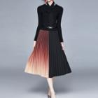 Long-sleeve Gradient Pleated Panel Midi A-line Dress