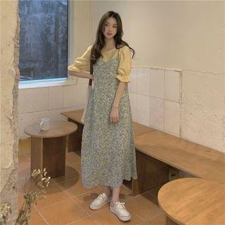 Short-sleeve Blouse / Spaghetti Strap Floral Dress