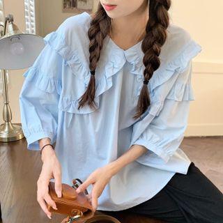 V-neck Ruffled Trim Plain Blouse