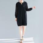 Plain Round-neck Long-sleeve Lace Dress Black - L