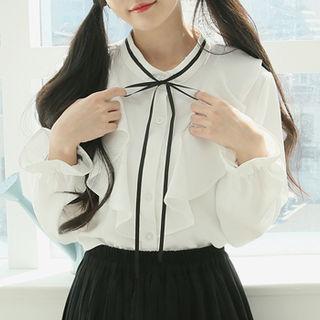 Beribboned Ruffled Crepe Blouse