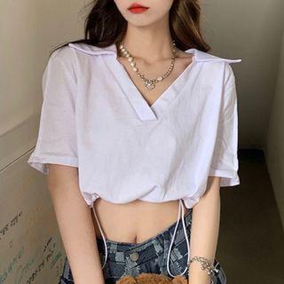 Elbow-sleeve Collared Drawstring-cuff T-shirt