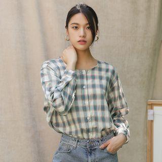 Round-neck Checked Blouse Light Beige - One Size